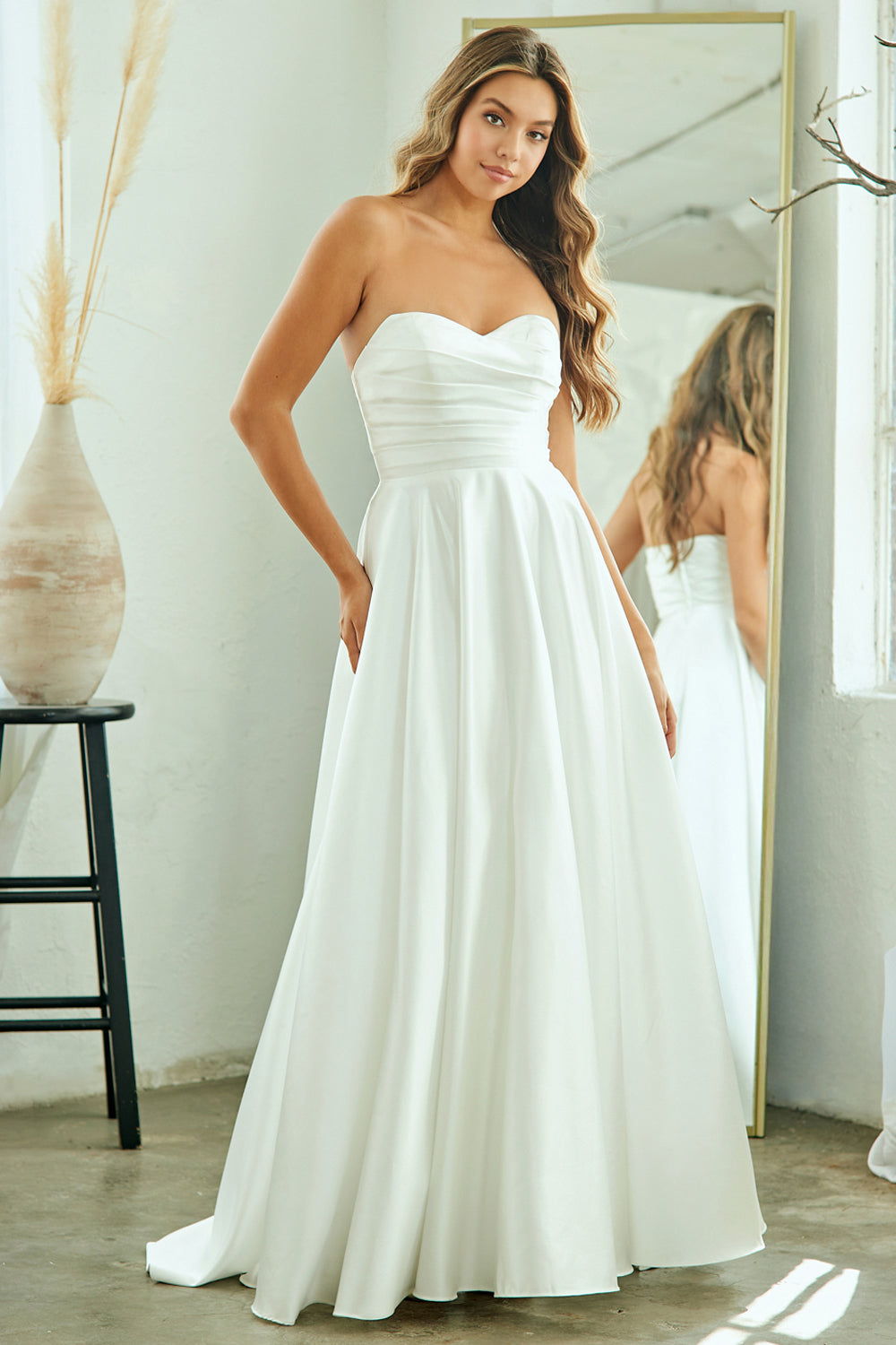 Strapless Sweetheart A-Line White Satin Wedding Dress for Modern & Classic Brides By Amelia Couture 5076