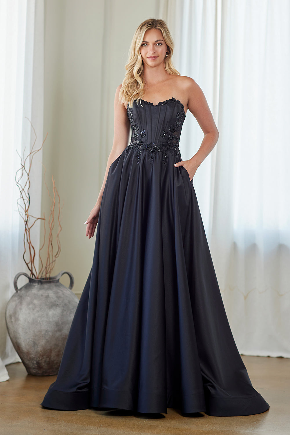 Strapless Sequin Lace Corset A-Line Gown Satin Evening Dress with Pockets by Amelia Couture 7093