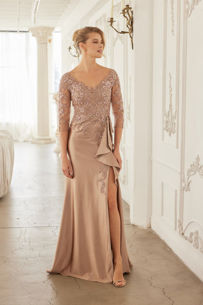 3/4 Sleeve Mother of the Bride Dress with Beaded Appliqués Formal Gown By Nox Anabel ME126