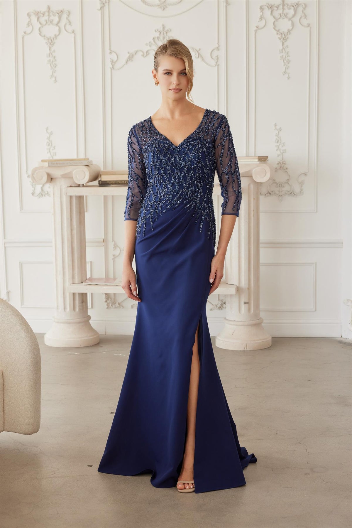 Sheer Three-Quarter Sleeve Stretch Satin Trumpet Mother of the Bride Gown by Nox Anabel MH161