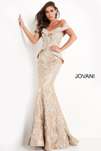Gold Off Shoulder Mother of the Bride Brocade Mermaid Gown by Jovani 02762