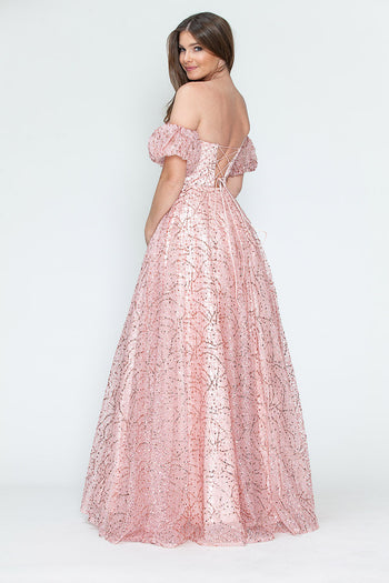 Glitter Tulle A-Line with Puff Sleeves Formal Evening Dress By Lenovia 8242