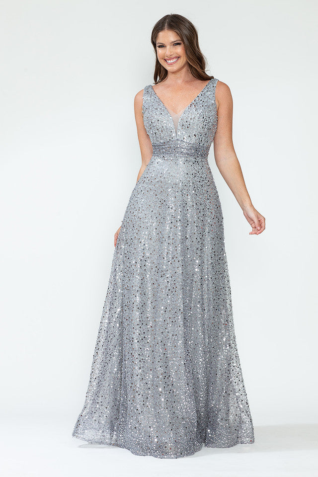 Sequin V-Neck A-Line Evening Gown with Glitter Mesh Overlay Sleeveless Formal Prom Dress By Lenovia 8217