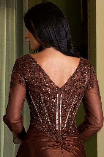 Long Sleeve Corset Mermaid Evening Gown with Slit Beaded Sequin Formal Dress by Lenovia 8431