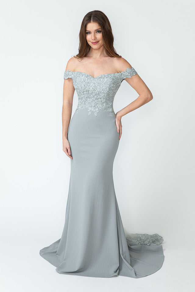Off-Shoulder Lace Embroidered Mermaid Gown with Sheer Train By Lenovia 8134