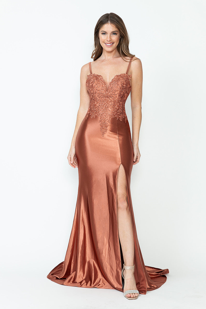 Satin Mermaid Evening Gown with Embroidered Bodice & Sheer Jacket By Lenovia 8175