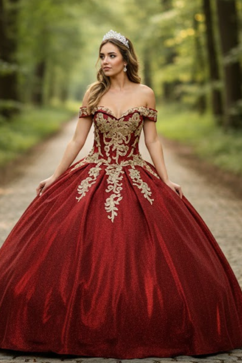 Sweet 16 Birthday Party Dress in Burgundy/Gold Style Ball Gown
