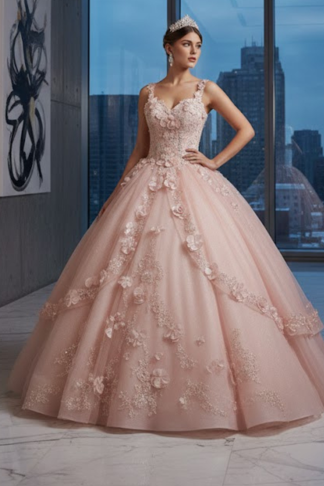Layla K ROSE GOLD Embroidered Mesh Ball Gown Dress