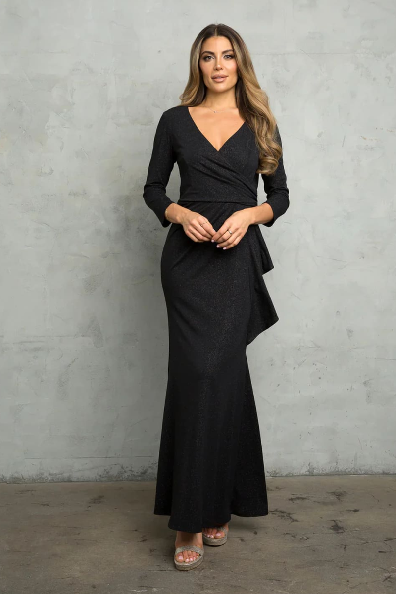 3/4 sleeve black dress for funeral Women V-neck Ankle Length Gown Size:Tailored This black satin slip price_Under 599 Womens dresses day look is perfect