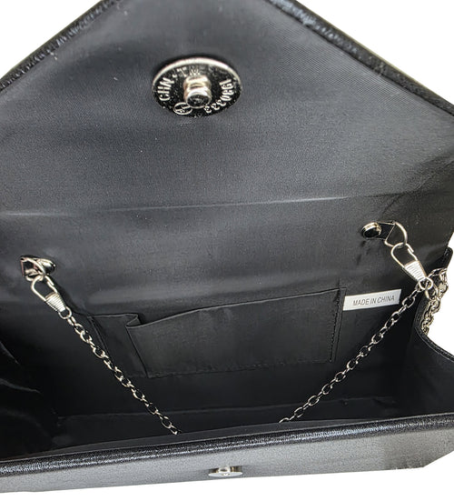 Bolso de mano tipo sobre con cristales – Negro bitexturizado | HBG-103966