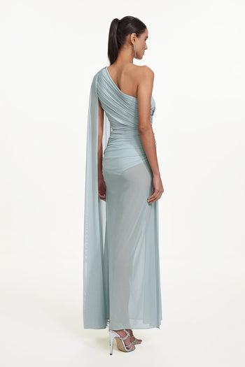 Bella Barnett Kaylee One Shoulder Sequin Embroidered Ruched Mesh Formal Prom Evening Gown