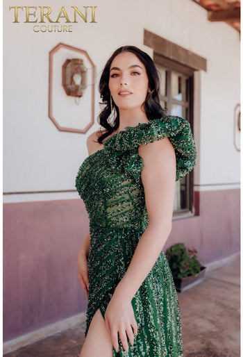 Stunning Terani Couture 232GL1479 Sequin Ruffle Long Formal Prom Dress