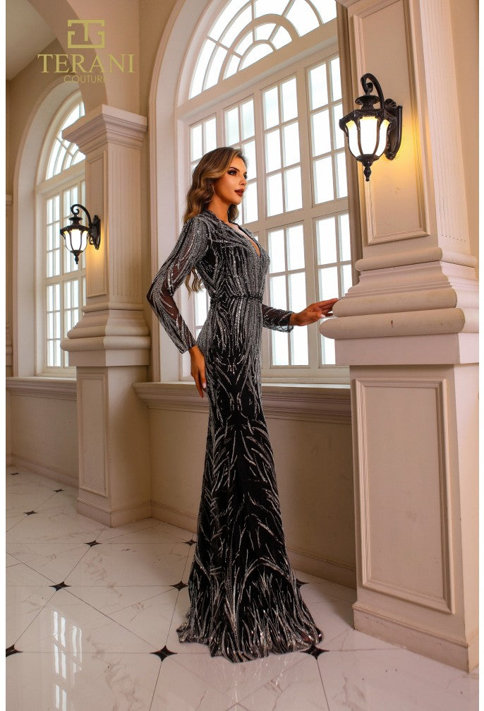 Terani Couture 251GL4311 V neck Full Sleeves Beaded Tulle Bodycon