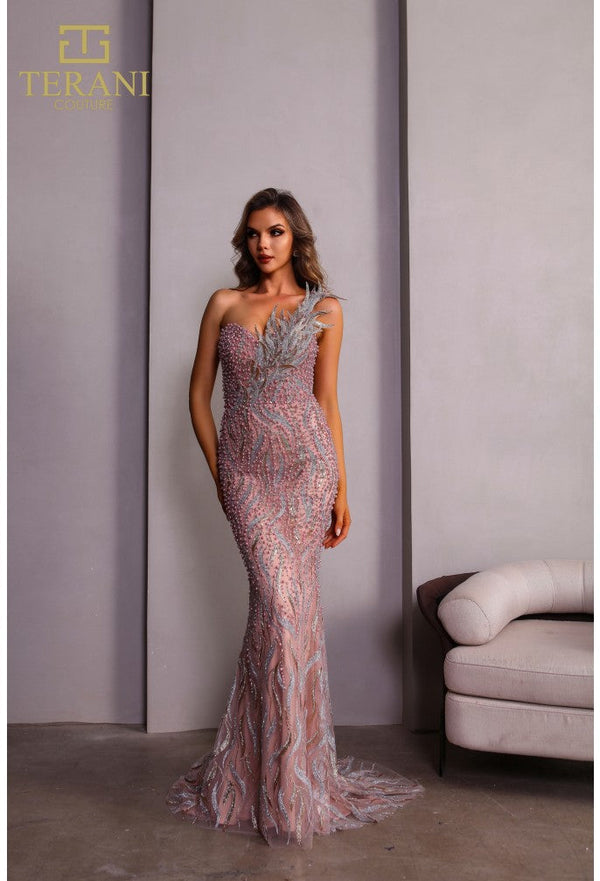 Terani Couture Rose Gold Prom Dress Beaded Long Evening Gown 251GL4315