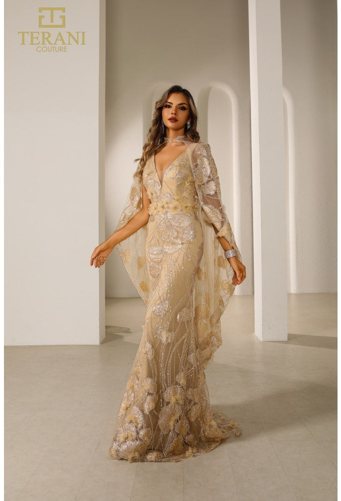 Terani 251m4326 Long Sleeve Cape Mother of the Bride Dress | V-neck Evening Gown