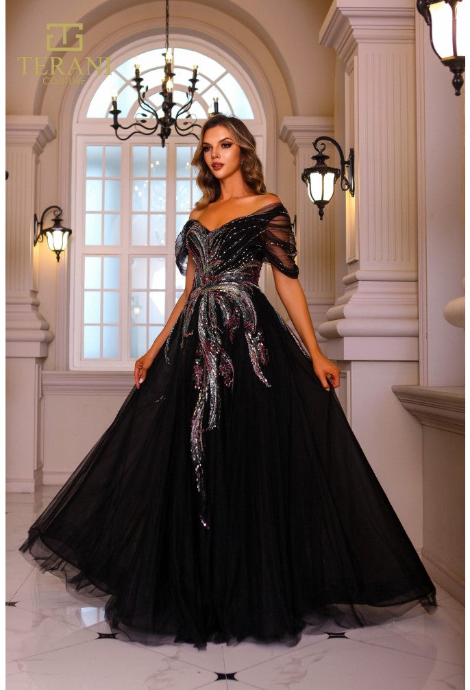 Terani Couture 251M4411 Sophisticated Elegant Off-Shoulder Formal Beaded Tulle Dress