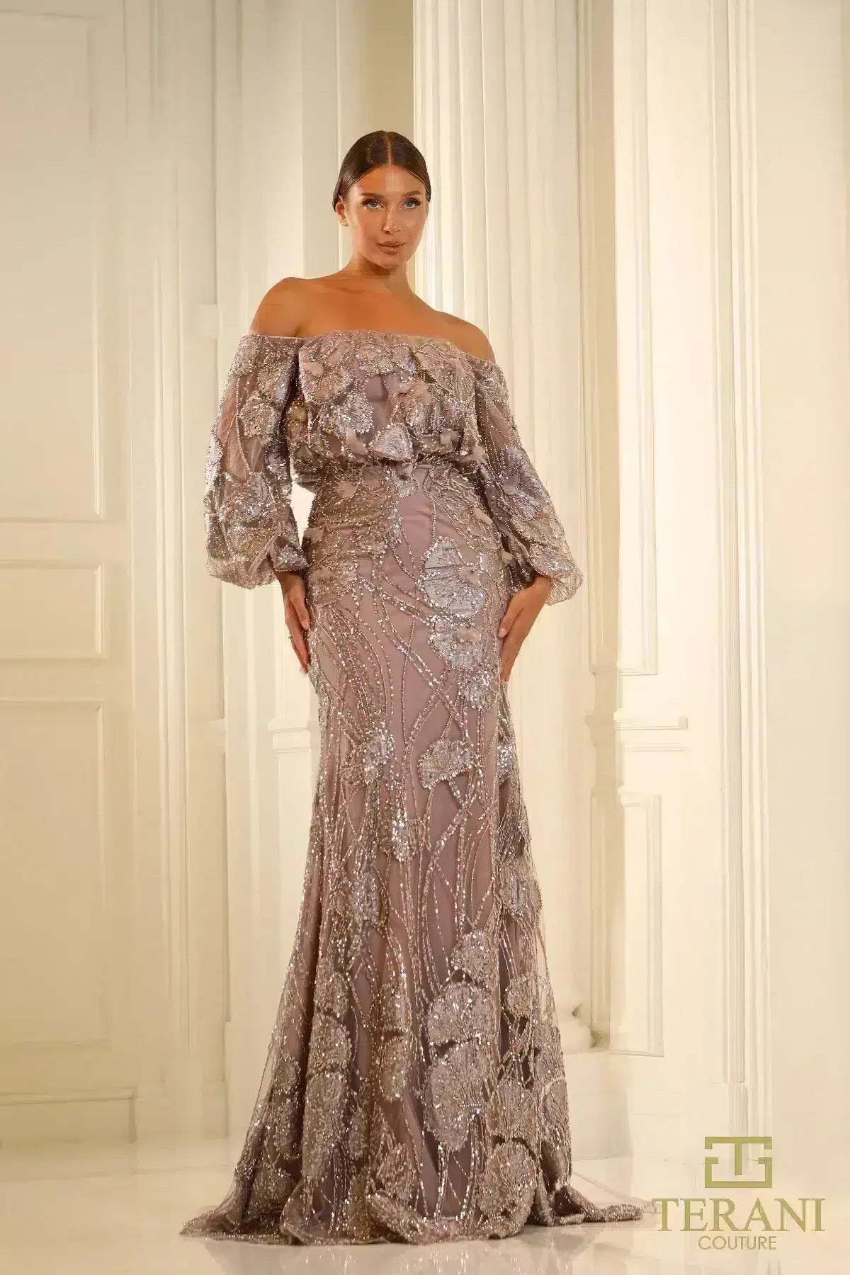 Terani Couture 251M4414 Glamorous Evening Off-Shoulder Long Formal Beaded Tulle Dress
