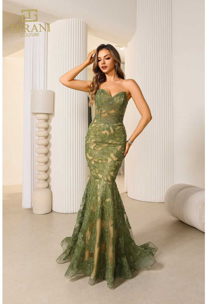 Terani 251p4355 Strapless Lace Embroidered Mermaid Prom Dress