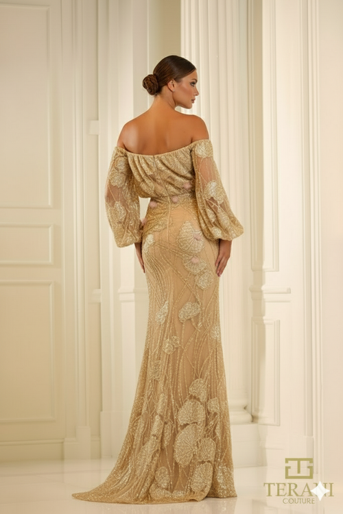 Terani Couture 251m4414 Off The-shoulder Puff Sleeves Sheath Dress