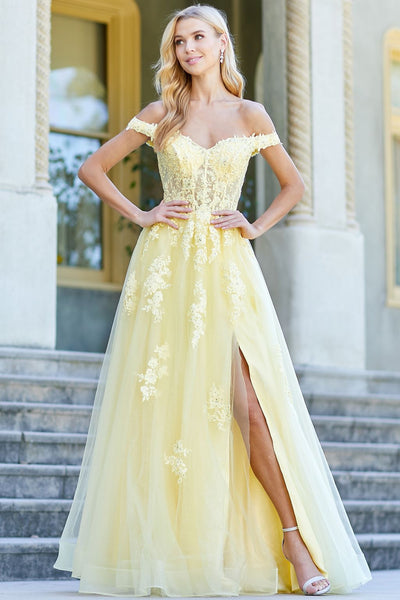 Prom Dresses A Line Long Formal Applique Prom Dress Yellow