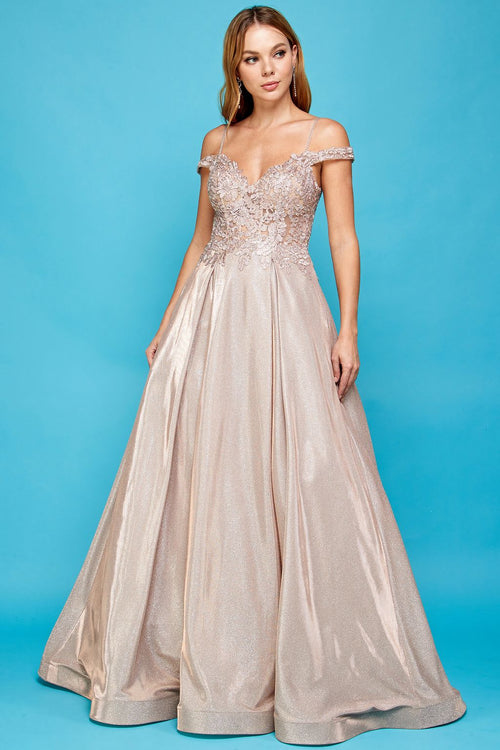 Prom Dresses Glitter Long A Line Metallic Lace Applique Prom Dress Rose