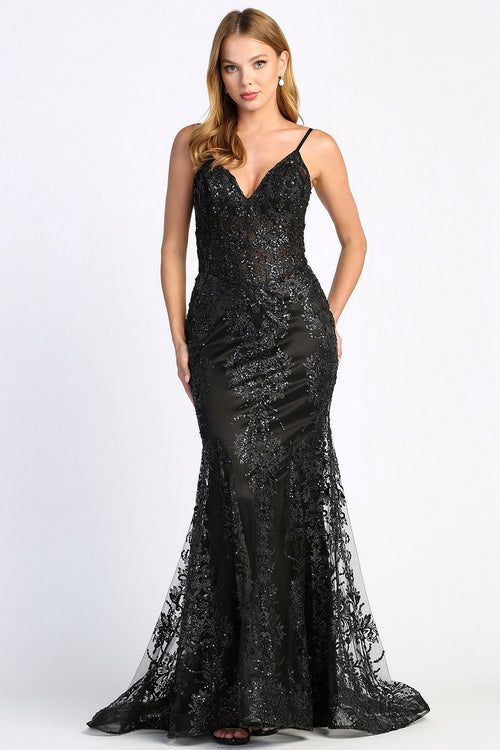 Prom Dresses Mermaid Long Formal Glitter Applique Prom Dress Black