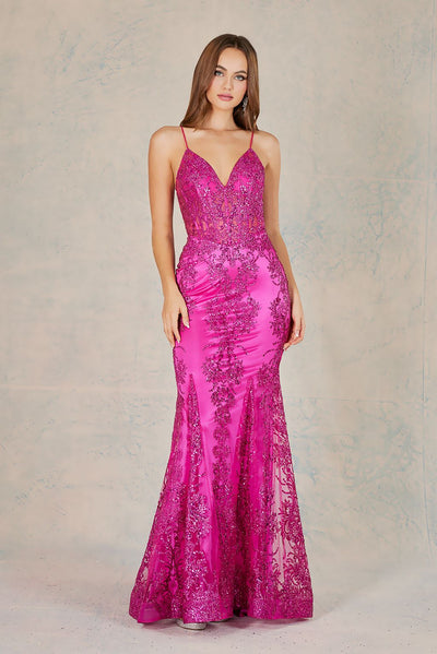 Prom Dresses Mermaid Long Formal Glitter Applique Prom Dress Fuchsia