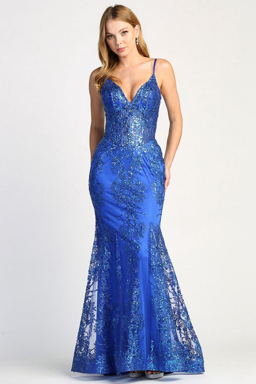 Prom Dresses Mermaid Long Formal Glitter Applique Prom Dress Royal Blue