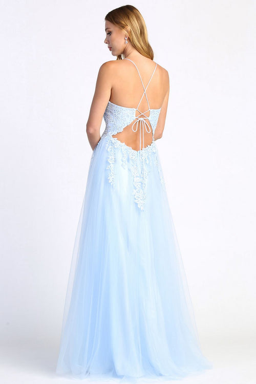 Prom Dresses Long Formal A Line Lace Applique Prom Dress Baby Blue