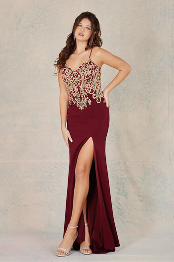 Prom Dresses Fitted Slit Long Formal Evening Prom Dress Burgundy/Gold