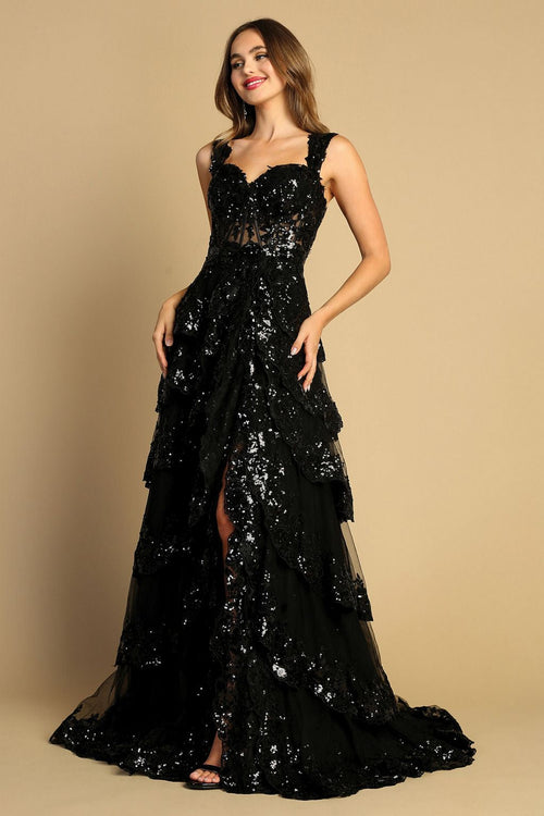 Prom Dresses Long Formal Sequin Applique Tiered A Line Prom Dress Black