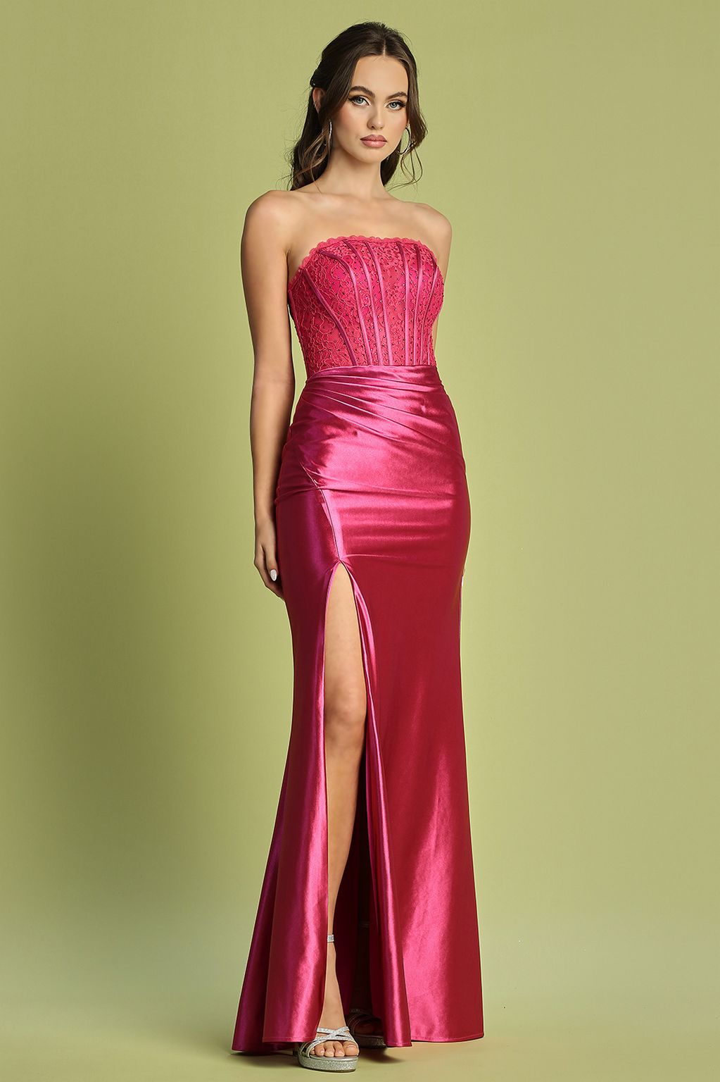 Prom Dresses Pleated Long Formal Lace Corset Prom Dress Fuchsia