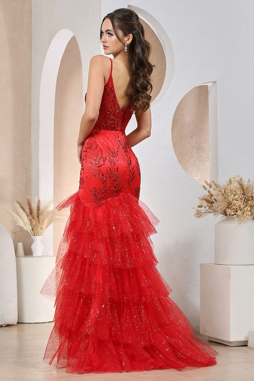 Prom Dresses Glitter Print Long Mermaid Formal Tiered Prom Dress Red