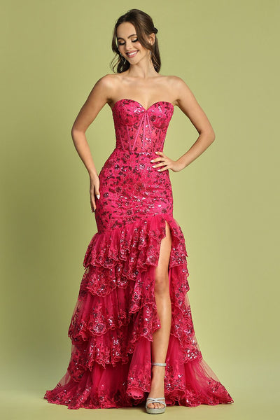 Prom Dresses Long Fitted Applique Formal Tiered Prom Dress Fuchsia