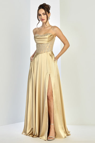 Prom Dresses Pleated A Line Long Formal Corset Pocket Pocket Dress Gold