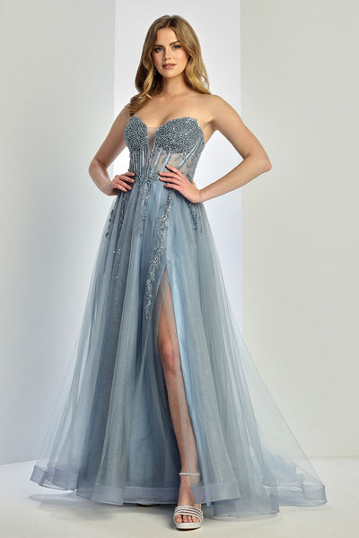 Prom Dresses Formal Long Ball Gown Beaded Corset Prom Dress Smoky Blue