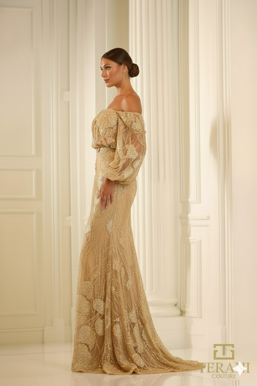 Terani Couture 251m4414 Off The-shoulder Puff Sleeves Sheath Dress