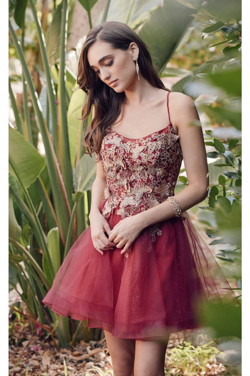 3D Butterfly Applique Short A-Line Dress by Juliet 902 Burgundy / M 3D Butterfly Applique Short A-Line Dress by Juliet 902 Burgundy / M
