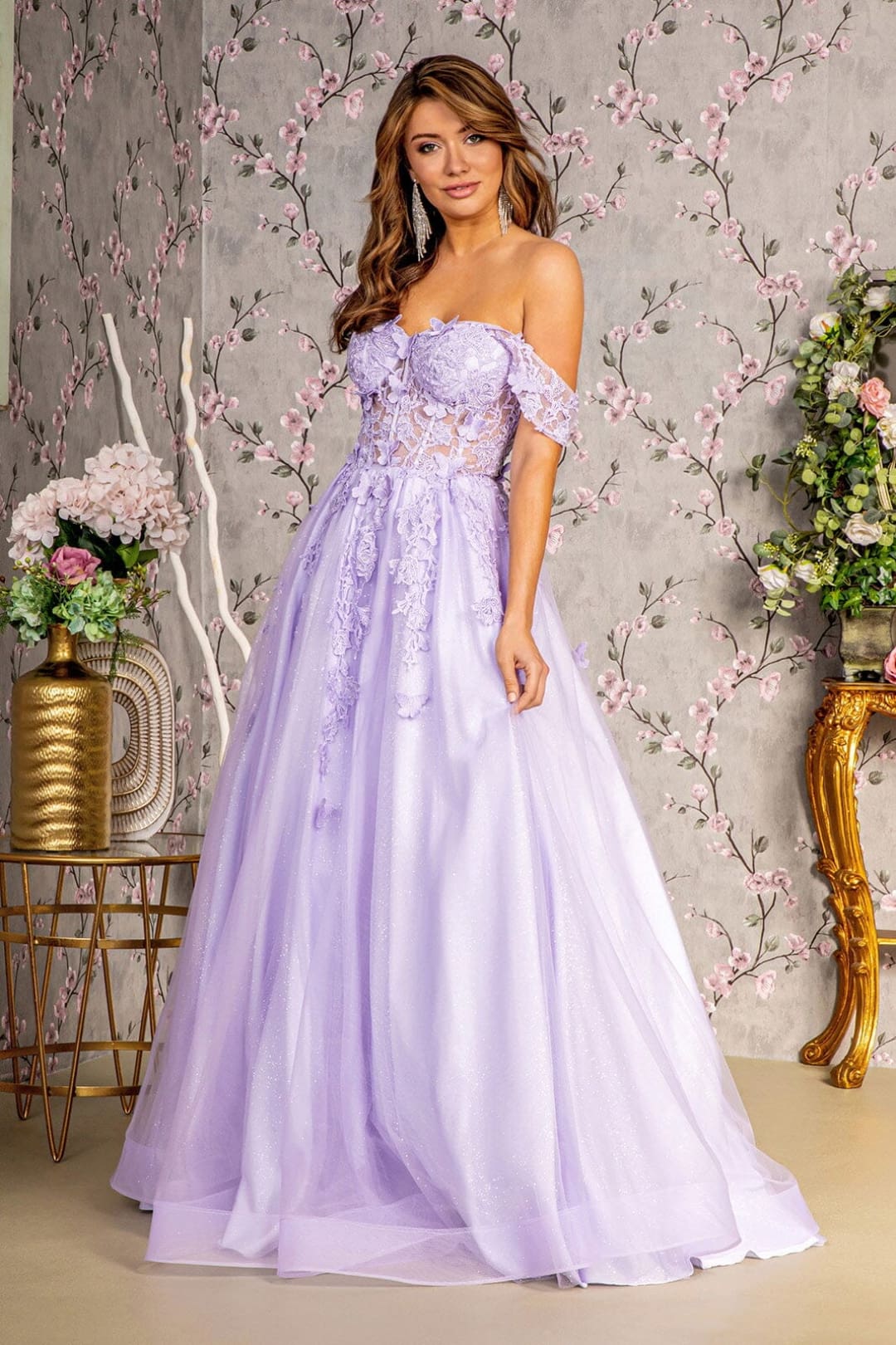 3D Butterfly Off Shoulder Corset Gown by GLS Gloria GL3296 - XS / Lilac - Long Formal Dresses