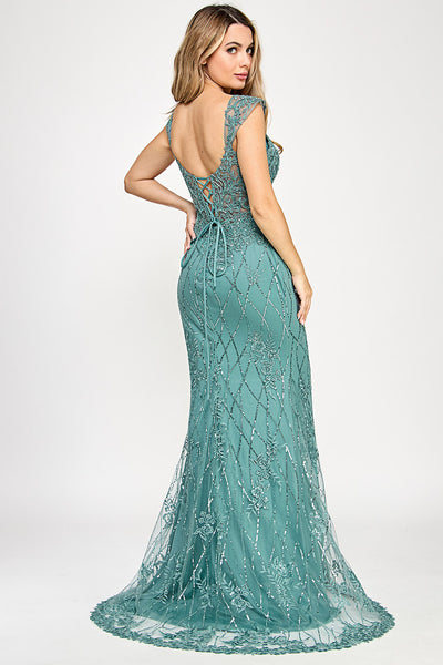 Beaded Lace Mermaid Gown with Sheer Bodice and Lace-Up Back By Lenovia 8350
