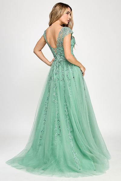 Embroidered Tulle A-Line Gown with Illusion Neckline and Lace-Up Back By Lenovia 8349