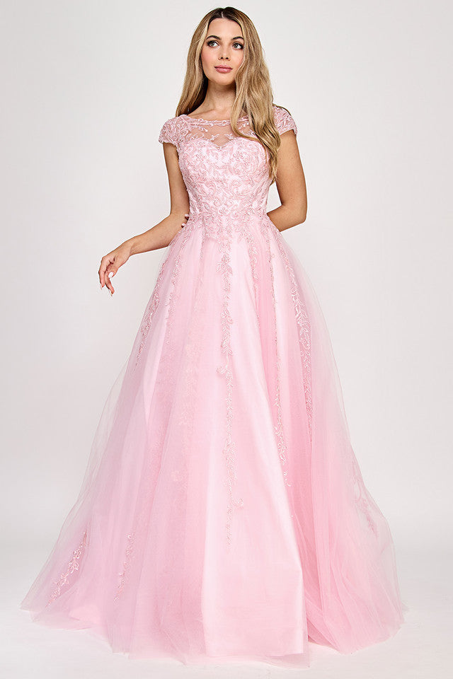 Embroidered Tulle A-Line Gown with Illusion Neckline and Lace-Up Back By Lenovia 8349