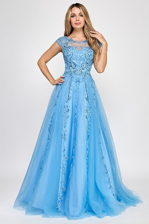 Embroidered Tulle A-Line Gown with Illusion Neckline and Lace-Up Back By Lenovia 8349