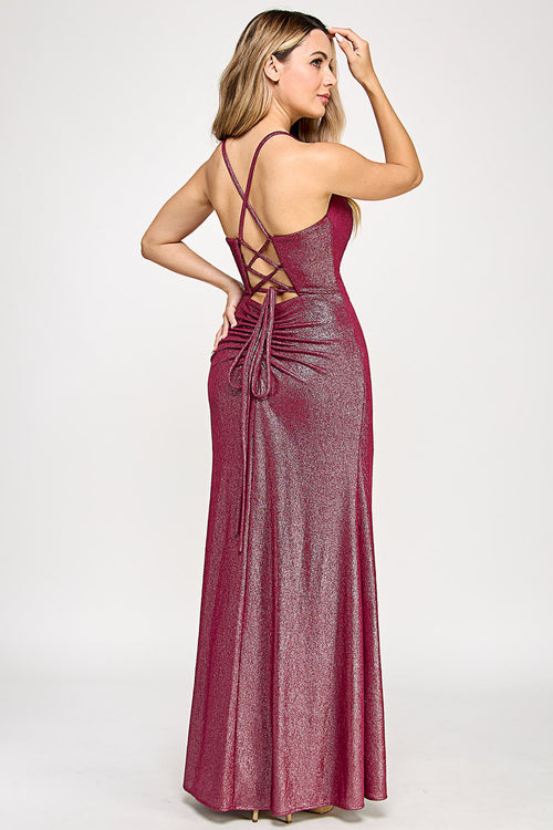 Shimmer Gown with High Slit & Corset Lace Back Prom & Evening Dress By Lenovia 5328
