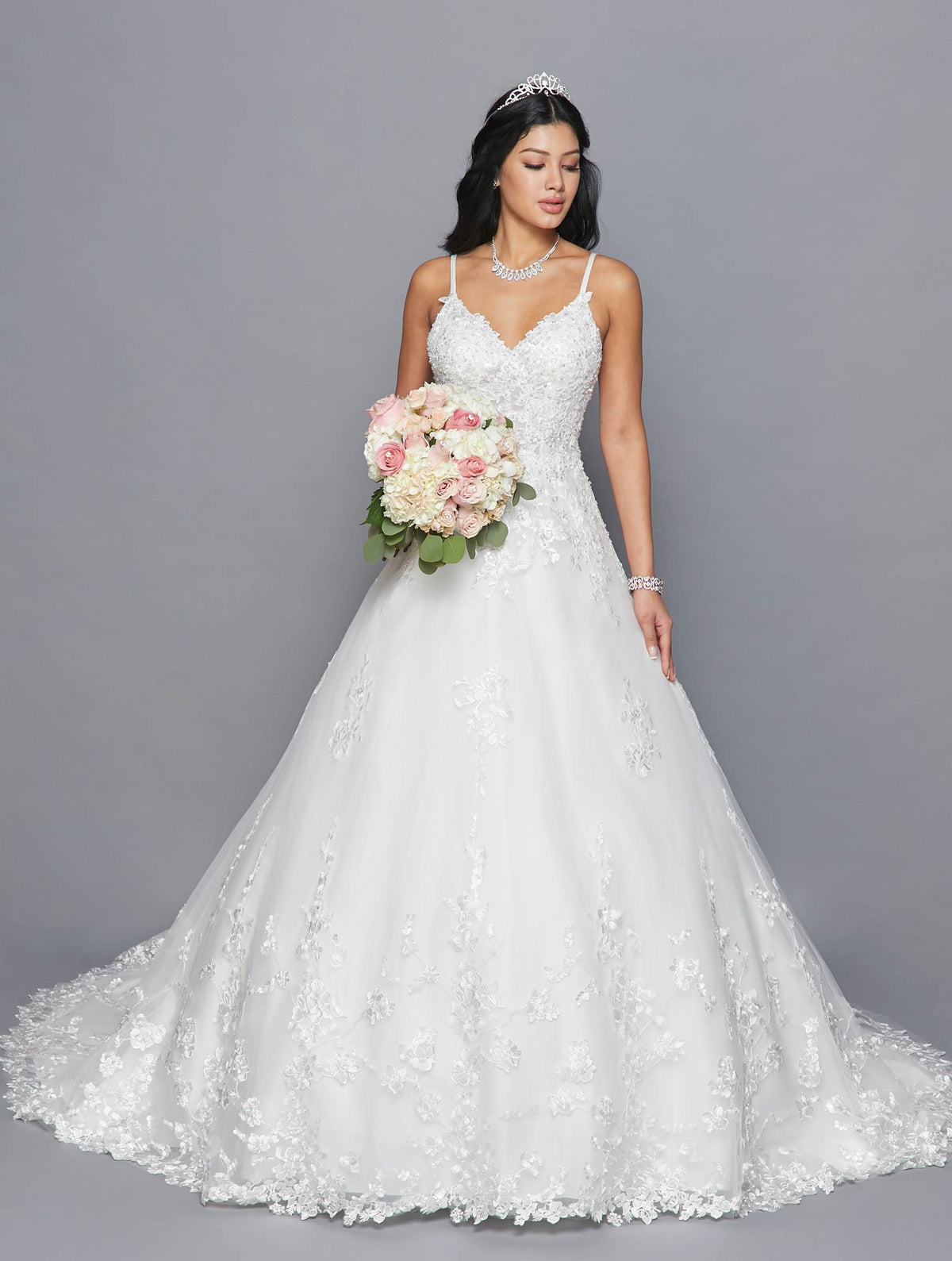 DeKlaire Bridal 417 Spaghetti Straps V-Neckline Open Back A-Line Wedding Dress With Beaded Embroidery Applique