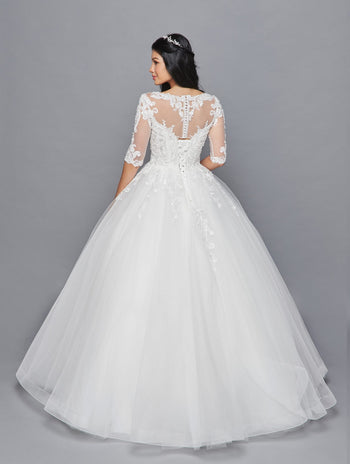DeKlaire Bridal 421 Mid-Length Sleeve A-Line Wedding Gown Illusion Boat Neckline Beaded Lace