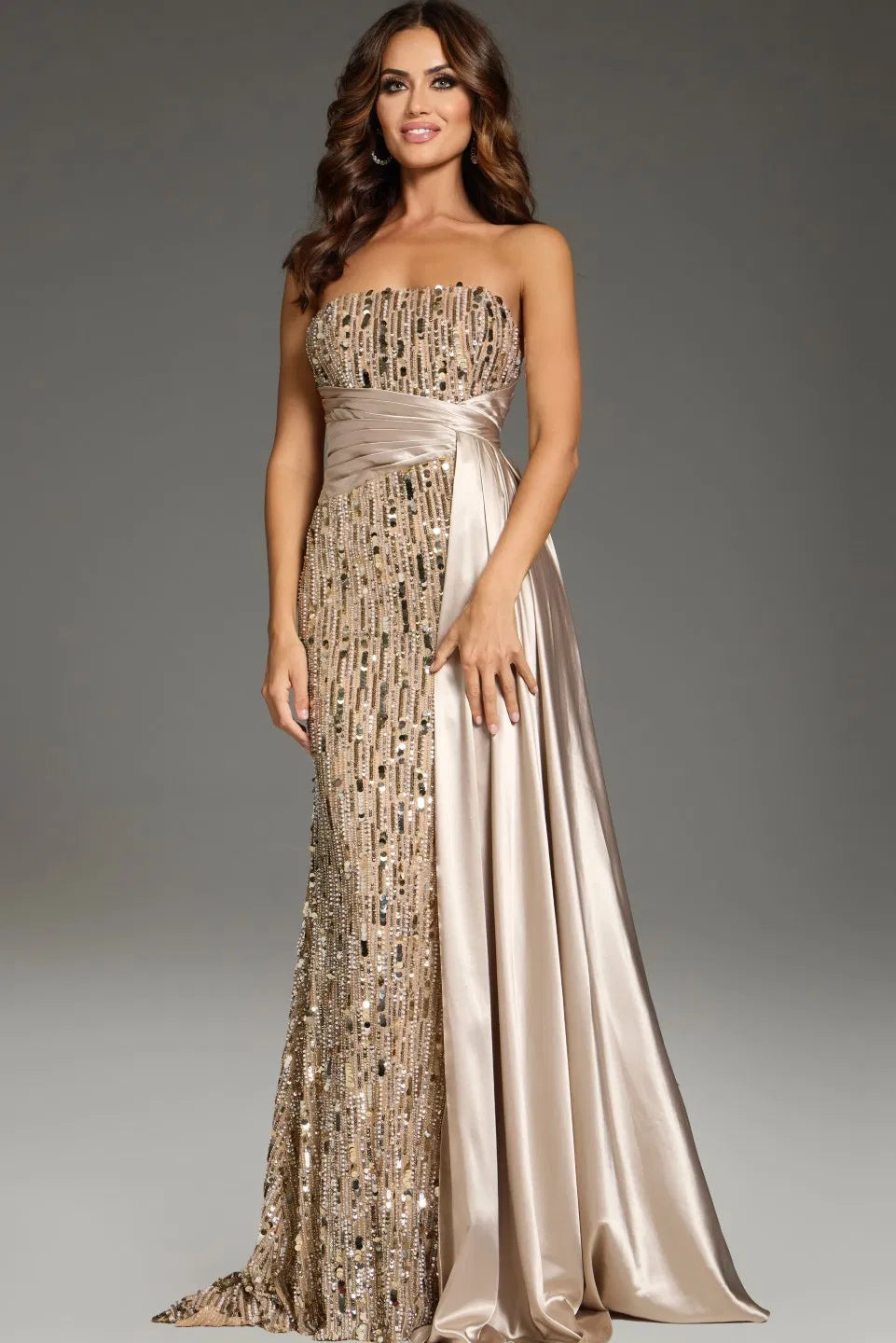 Strapless Sequin Evening Gown with Satin Waist Wrap & Open Back Formal Prom Dress by Jovani 42427