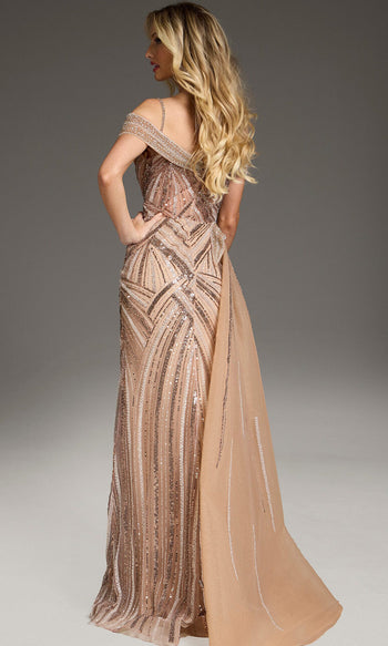 Jovani 44843 - Beaded Off Shoulder Gown with Side Overskirt