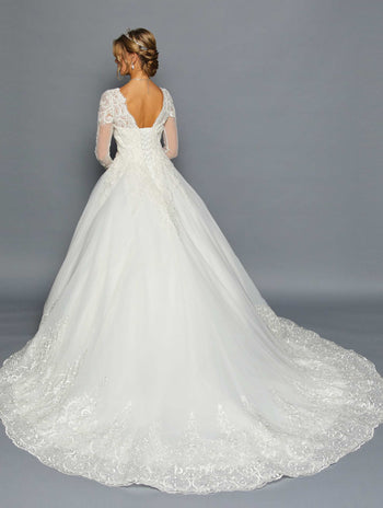 DeKlaire Bridal 457 Scalloped V-Neckline Long Sleeve Wedding Gown