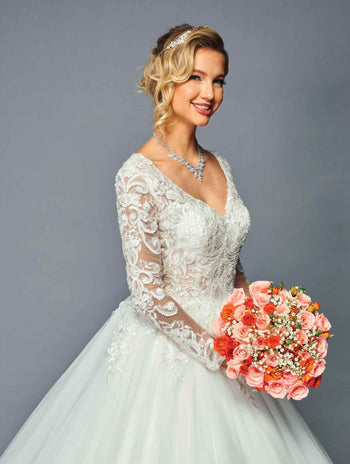 DeKlaire Bridal 476 Floor Length Long Sleeve A-Line V-Neck Wedding Ballgown